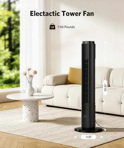 Vista 6 de Ventilador de torre de 36 pulgadas para dormitorio, velocidad de 23 pies/s, ventiladores oscilantes de pie para habitación con 6 velocidades, 4