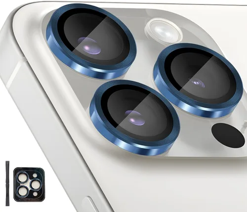 Vista 9 de Protector de lente de cámara para iPhone 15 Pro/15 Pro Max, protector de lente de anillo de cámara de vidrio templado individual con bandeja