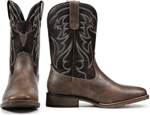 Vista 4 de Cowboy Boots for Men Square Toe Western Boots Retro Classic Embroidered Pull On Boot Café