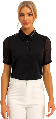Vista 8 de Allegra K Camisa de trabajo con botones para mujer, manga corta, cuello de punto