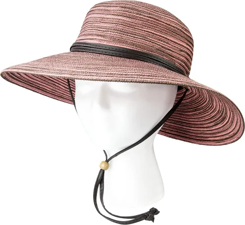 Vista 4 de Sloggers Sombrero de sol trenzado de ala ancha para mujer con cordón de viento, protección solar máxima UPF 50+ Marrón claro