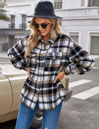 Vista 3 de GRAPENT Chaqueta de franela a cuadros de gran tamaño con botones para mujer, abrigos de manga larga