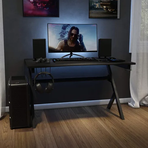 Vista 2 de BizChair Escritorio para juegos de 45.25 x 29 pulgadas, estación de trabajo para jugadores con soporte para auriculares y 2 agujeros para organizar