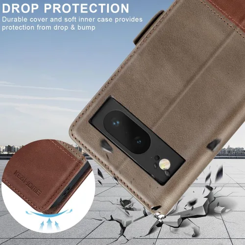 Vista 7 de KEZiHOME Funda para Google Pixel 8, piel auténtica [bloqueo RFID] Funda tipo cartera con tarjetero y función atril para Google Pixel 8 5G
