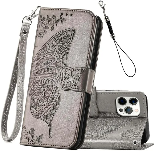 Vista 7 de Funda tipo cartera para iPhone 12 Pro/iPhone 12 para mujer, color Butterfly Emboss Flip Folio Cuero PU, soporte, ranuras para tarjetero, correa