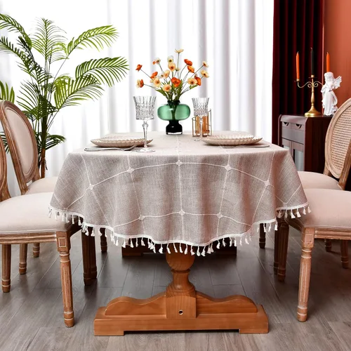 Vista 14 de Mantel redondo a cuadros de 36 pulgadas de algodón y lino, mantel redondo grueso, cubierta para mesa de café para casa de campo, cocina, comedor
