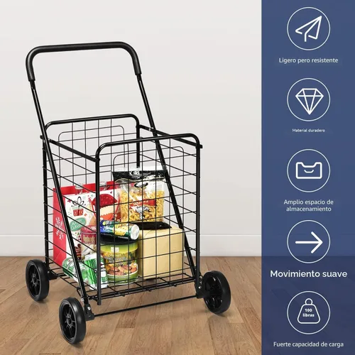 Vista 6 de Goplus Carrito de compras para comestibles, carrito de compras resistente plegable con ruedas, carrito de comestibles portátil colapsable, carrito