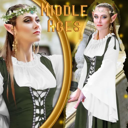 Vista 4 de Bonuci 6 Pcs Medieval Renaissance Fairy Costume Women Halloween Elf Cosplay Outfits Victorian Dress Elf Ears Fairy Headpiece