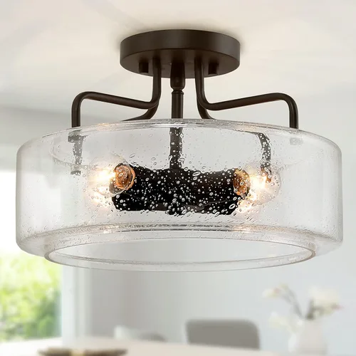 Vista 10 de classy leaves Lámpara de techo semiempotrada, color negro y dorado, lámpara de techo de 3 luces moderna de granja con vidrio sembrado para cocina