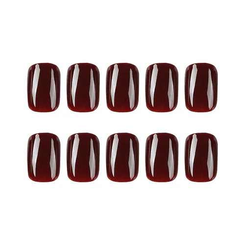 Vista 5 de Uñas postizas extra cortas, cuadradas, color rojo vino, uñas acrílicas pequeñas de color sólido, uñas postizas cortas de otoño con diseños, uñas