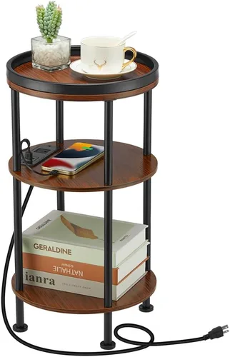 Vista 19 de Mesa auxiliar redonda pequeña con estación de carga para espacios pequeños, mesa decorativa de 3 niveles con puertos USB y tomas de corriente, mesa