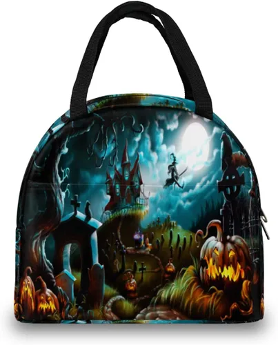 Vista 3 de Bolsa de almuerzo aislada para mujeres y hombres, Halloween, castillo de bruja, calabaza, impermeable, bolsa térmica reutilizable, contenedor