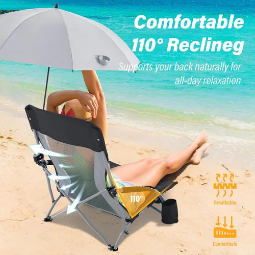 Vista 4 de Homcosan Silla de playa portátil baja plegable con paraguas desmontable, silla de campamento ligera para adultos con portavasos y bolsillo