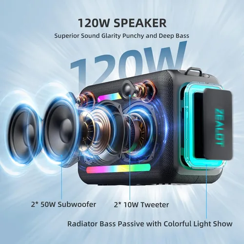 Vista 2 de ZEALOT Altavoz Bluetooth de 120 W RMS (pico de 150 W), altavoces inalámbricos portátiles IPX6, resistente al agua, altavoz de subwoofer Bluetooth