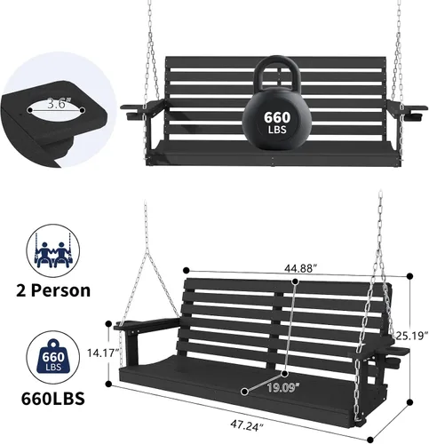 Vista 4 de Plawdlik Columpios de porche, silla de patio de 2 asientos con dos portavasos, banco impermeable de polietileno de alta densidad para patio
