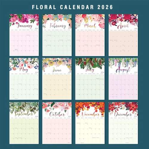 Vista 2 de Calendario de pared 2026, calendario floral grande de 12 meses desde enero de 2026 a diciembre de 2026, encuadernado en espiral para oficina, hogar