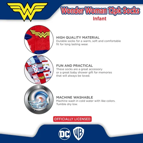 Vista 4 de DC Comics Baby Boys and Girls Socks - 12 Pack Batman, Wonder Woman, Superman, Justice League, Super Girl Socks (0-24M)