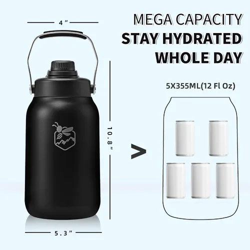 Vista 2 de Boulder Bee Botella de agua aislada Jarra de agua de medio galón con asa Acero inoxidable de 64 onzas con bolsa de transporte Doble vacío