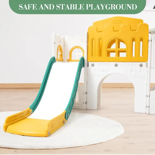 Vista 4 de Juego de toboganes 8 en 1 para niños, centro de actividades para interiores y exteriores, juego de tobogán escalador para niños con aro