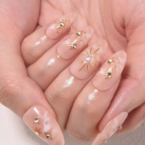 Vista 3 de evpct Uñas a presión bohemias 3D Nude con diseño de estrella dorada y 30 estrellas 3D de estilo bohemio