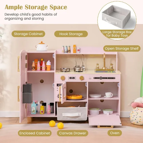 Vista 6 de INFANS Juego de cocina para niños, juego de juguetes de cocina de madera para niños pequeños con tablero de dibujo acrílico, máquina de hielo
