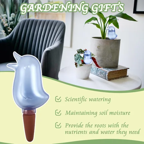 Vista 5 de Paquete de 4 picos de riego automático, globos de riego para plantas de interior, picos de riego automático en forma de pájaro, dispositivos de Azul