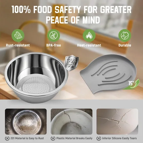Vista 3 de Goldusk - Colador de acero inoxidable 304 con base autodrenante, base de silicona de grado alimenticio, colador grande para cocina, colador
