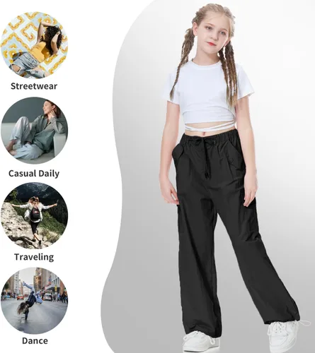 Vista 4 de Rolanko Pantalones de paracaídas para niñas, pantalones cargo Y2K con bolsillos, pantalones deportivos Harajuku para niños de 4 a 14 años