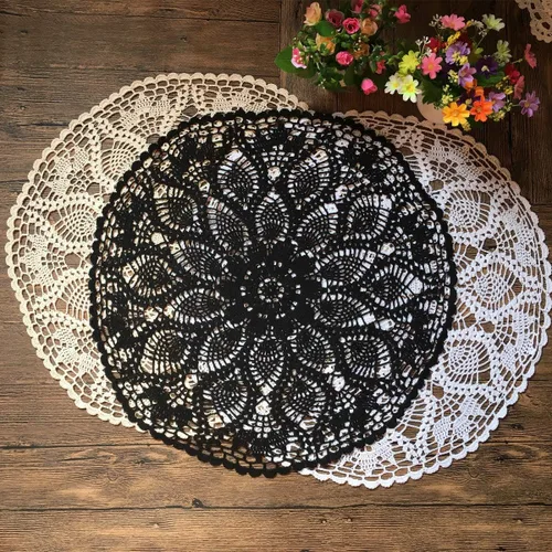 Vista 5 de MINDPLUS Tela de mesa de ganchillo de encaje de los tejidos del ganchillo de la mano del algodón Doily 24 pulgadas redondo negro