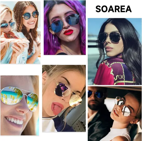 Vista 7 de Soarea Fashion Shields - Gafas de sol de aviador para mujeres y hombres de gran tamaño cuadradas de metal antirreflejos 100 protección UV
