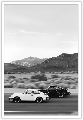 Vista 14 de Póster retro de auto en blanco y negro, lienzo de superdeportivo, arte de pared para amantes del automóvil, puesta de sol, paisaje de montaña