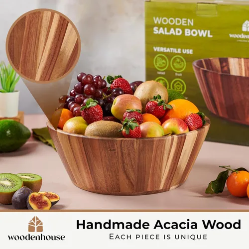 Vista 3 de Woodenhouse Tazón de ensalada de madera, tazón para ensalada, tazón de madera - 12" Diseño redondo, tazón de frutas hecho a mano, duradero