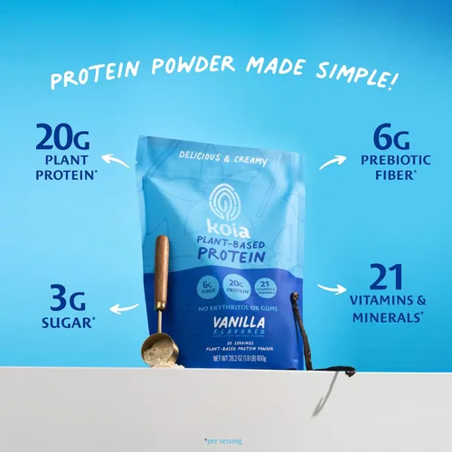 Vista 2 de Koia - Proteína en polvo a base de plantas, vainilla, 20 g de proteína, 3 g de azúcar, 6 g de fibra prebiótica, antes y después del entrenamiento