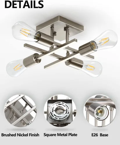 Vista 2 de Lámpara de techo semiempotrada de 4 luces, moderna lámpara de níquel cepillado cerca del techo, fácil de montar, luces de techo interiores