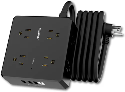 Vista 8 de Regleta protectora de sobretensiones – Cable de extensión de enchufe plano de 6 pies con 8 tomas amplias y 4 puertos USB (1 USB C), extensor de Negro