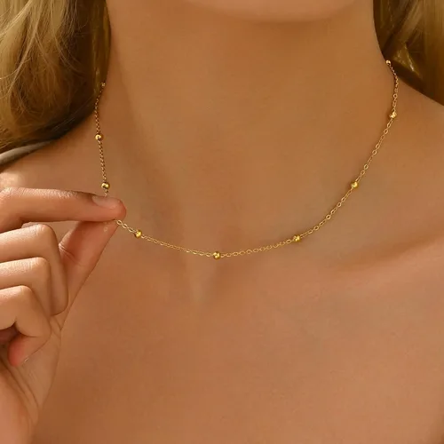 Vista 2 de Collar de cadena para mujer, delicado y sencillo, chapado en oro de 18 quilates, gargantilla con disco tipo moneda, trenzada, con cuentas, collar