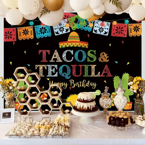 Vista 2 de Telón de fondo de fiesta mexicana de feliz cumpleaños, tacos y tequila, luces coloridas, fondo de fondo de cinco de mayo para fotos, fiesta