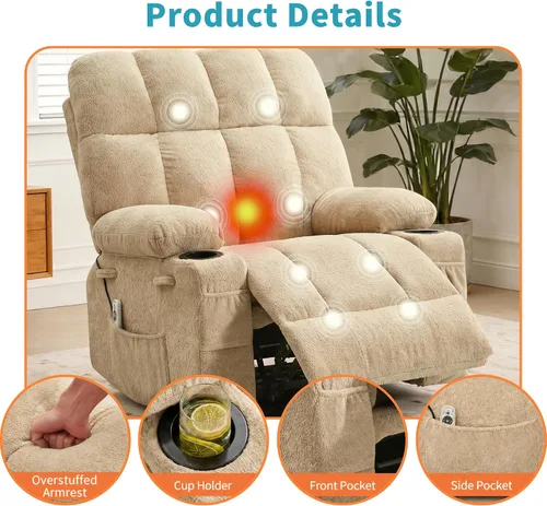 Vista 5 de IDEALHOUSE Silla reclinable mecedora de gran tamaño con calor y masaje Caqui