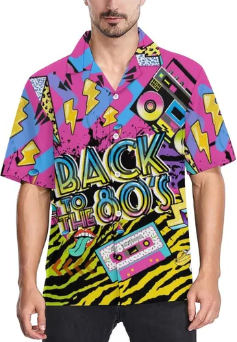 Vista 5 de LARSD Camisas de los años 80 para hombre, camisa con botones de los años 90, camisa vintage retro hawaiana de playa, camisa de discoteca de neón