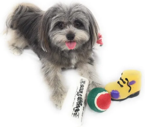 Vista 5 de Calcetín de Navidad para perros. Juguete de periódico chirriante, juguete de bota chirriante, una pelota de tenis roja, verde y blanca y una cuerda