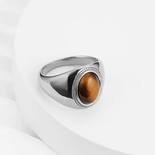 Vista 2 de HZMAN Anillo de boda de acero inoxidable gótico con piedra de ojo de tigre grande para hombres y mujeres, tamaño 7-14, Metal,