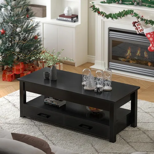 Vista 5 de FABATO Mesa auxiliar elevable de 41.7 pulgadas con 2 cajones de almacenamiento con compartimento oculto, estante de almacenamiento abierto para sala
