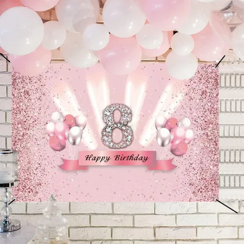 Vista 6 de Decoraciones de feliz cumpleaños número 8 para niñas, pancarta de fondo, decoración de fiesta, cartel de tela, fondo de foto rosa para suministros