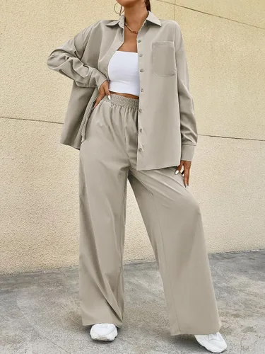 Vista 6 de OYOANGLE Blusa de 2 piezas con botones para mujer, manga larga y pantalones de pierna ancha con bolsillo