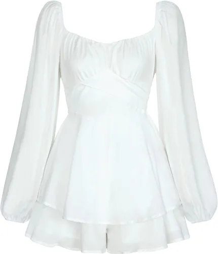 Vista 5 de Mameluco de manga abombada para mujer, vestido con volantes y hombros descubiertos con pantalones cortos de manga larga con capas fluidas de pirata
