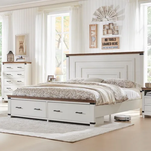 Vista 9 de RedLemon - Marco de cama de estilo granja Queen con cabecera geométrica de 137 cm de altura, cama de plataforma de madera rústica con 2 cajones
