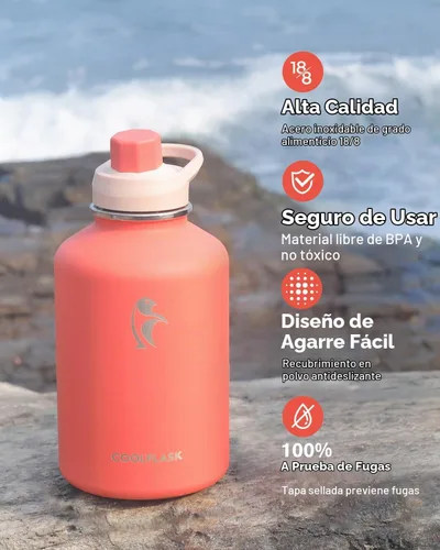 Vista 5 de Coolflask Botella de agua de 64 onzas aislada con funda de cuero PU, botella de agua de medio galón con contraste de color y tapa con popote, jarra
