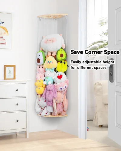 Vista 5 de Red de Almacenamiento de Animales de Peluche de Esquina - Organizador de Animales de Peluche de Madera de Altura Ajustable - Soporte de Felpa