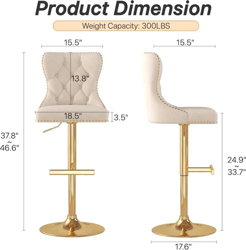 Vista 3 de Juego de 2 taburetes de bar, taburetes giratorios de terciopelo con respaldo copetudo, asiento ajustable con ribete de cabezas de clavos, sillas