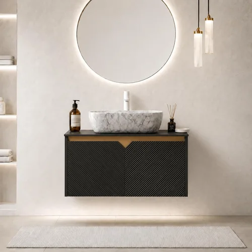 Vista 25 de Vanidad de baño flotante de 24 pulgadas con fregadero, gabinete estriado Fregadero de cerámica negro + negro